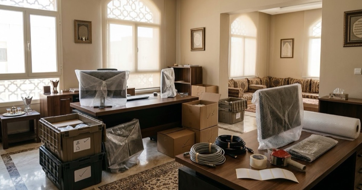 مكتب صغير أثناء التجهيز للنقل: شاشات مغلفة بالبلاستيك وكراتين وصناديق عليها علامات وأسلاك ملفوفة